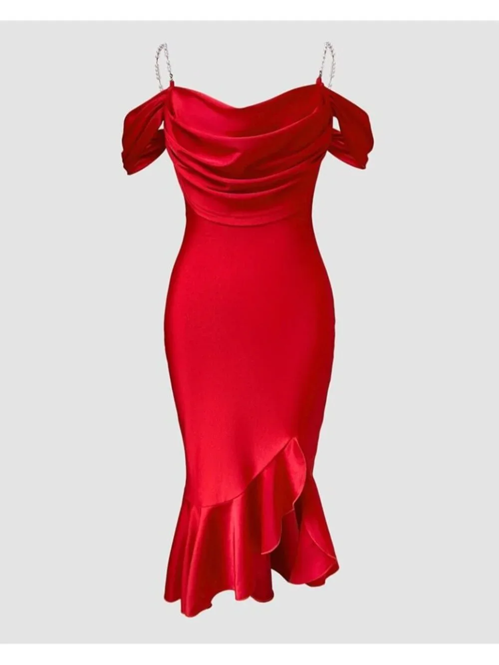 👗Women's Red Off Shoulder Design Cocktail  Pearls Strap Bodycon Midi Dress
